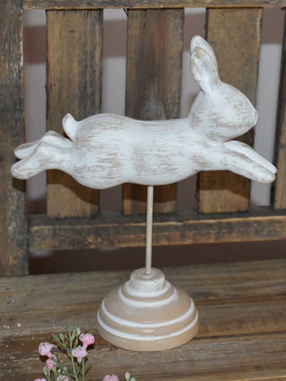 Distressed Whitewashed Leaping Bunny Rabbit Pedestal Cottage Farmhouse Decor